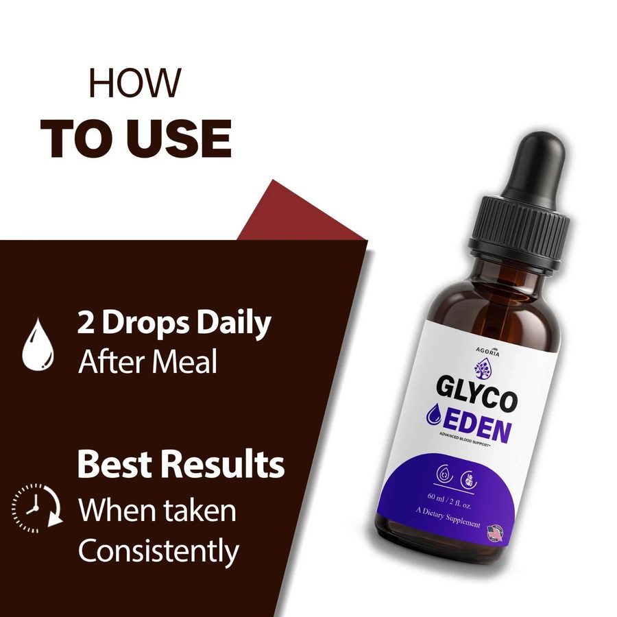 GlycoEden how-to-use panel showing 2 drops daily after a meal